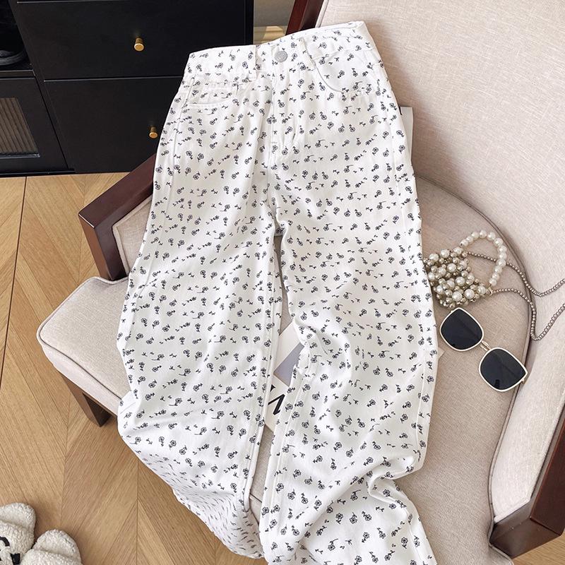 Spring/Summer Korean Style High Waist Floral White Wide-Leg Denim Pants for Women