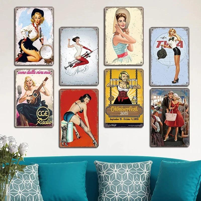 Vintage Metal Sexy Girl Pin Up Girls Plaque Tin Signs Cola Beer Airplane Metal Poster Retro for Bar Pub Club Home Wall Art Decor