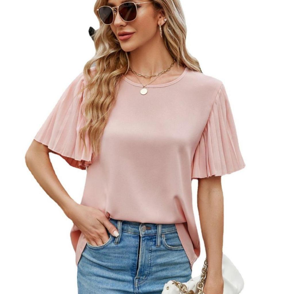 Flounce Sleeve Round Neck Top Ice Crinkle Fabric Women's Summer Fashion New Arrival for Crossborder America Europe