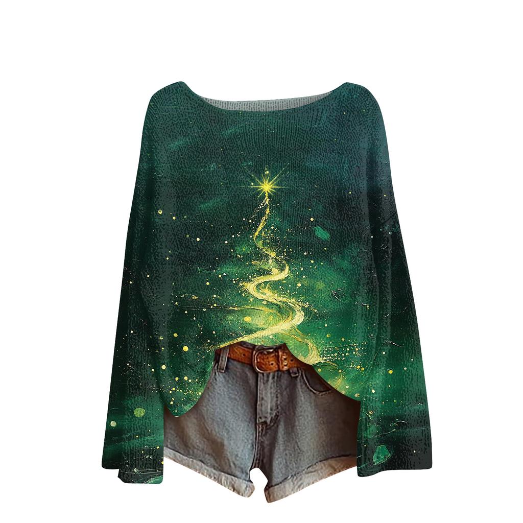 Ladies' Fashionable Casual Long Sleeved Christmas Printed Round Neck Knitted Yarn