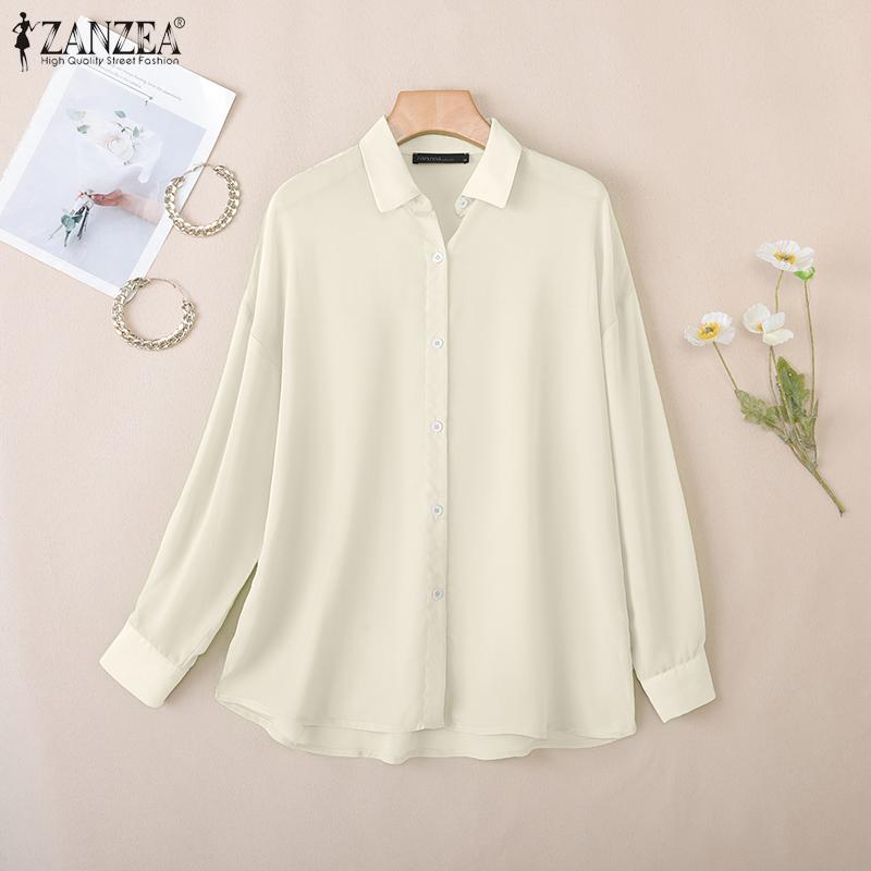 ZANZEA Women Casual Turn Down Collar Long Sleeve Perspective Cover Up Blouse
