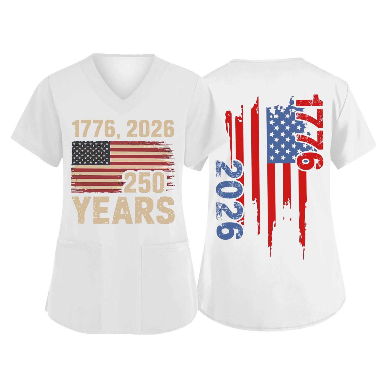 

V Neck Short Sleeve Top with Flag Print 250 Years Letter Graphic Loose Fit Pullover for Women Men Unisex XL білий