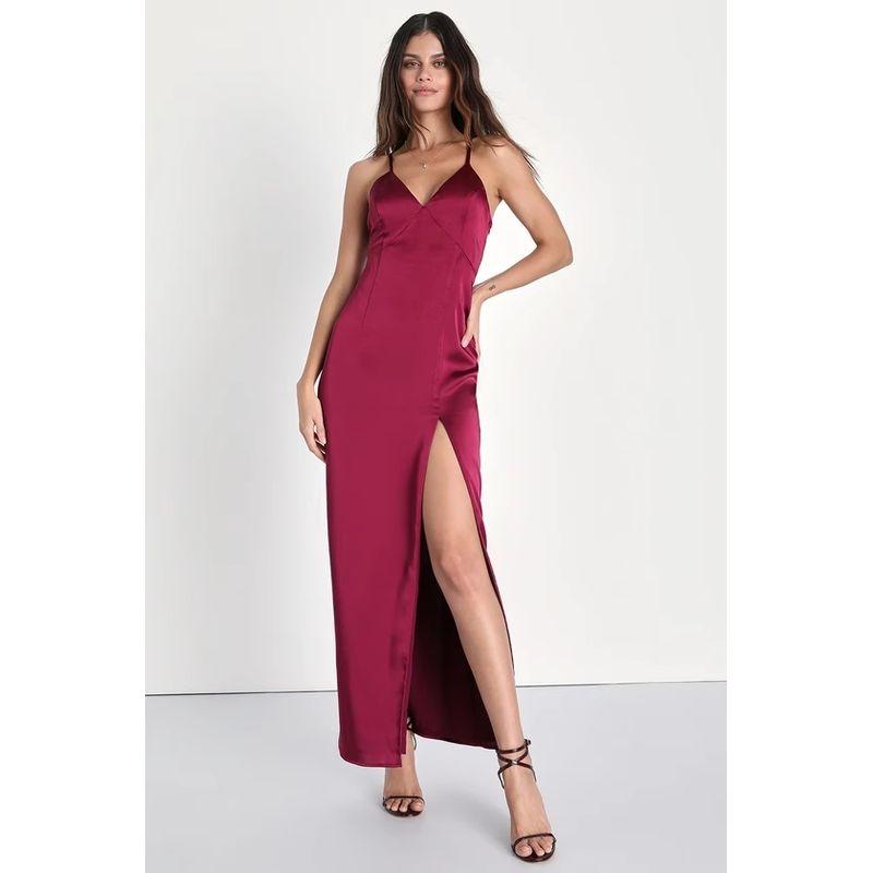 

Export Single Lu Home 2024 Summer New Suspender Socialite Waist-Tight Slim Fit Slit Long Legs Long Dress Burgundy L