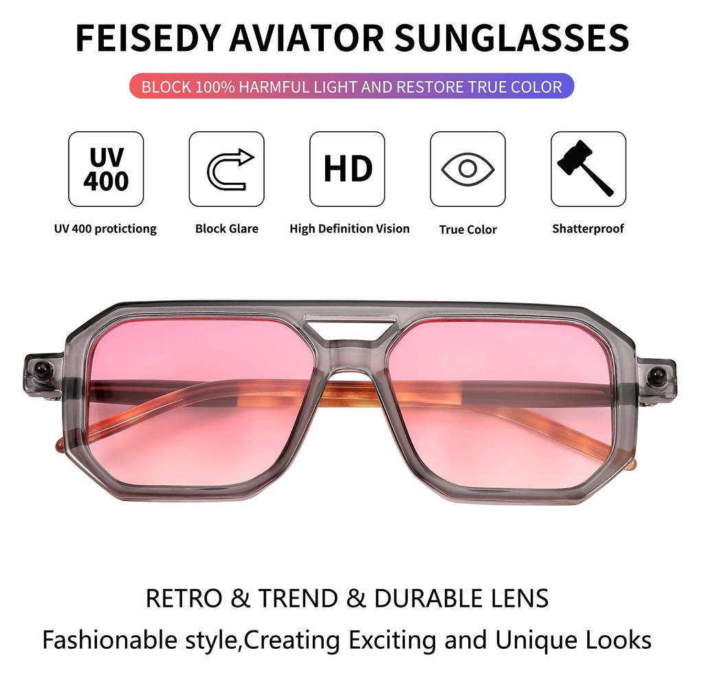 FEISEDY Retro Rectangular Sunglasses for Men and 70s Flat Aviator Classic B2622 Women, Sunglasses, UV400,