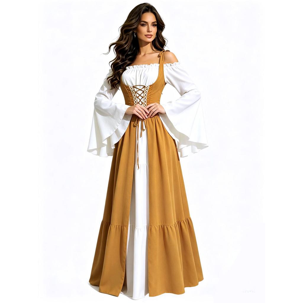 Damen Mittelalter Renaissance Kleid Schulterfrei Glockenärmel Schnürkorsett Vintage Halloween Cosplay Langes Maxikleid