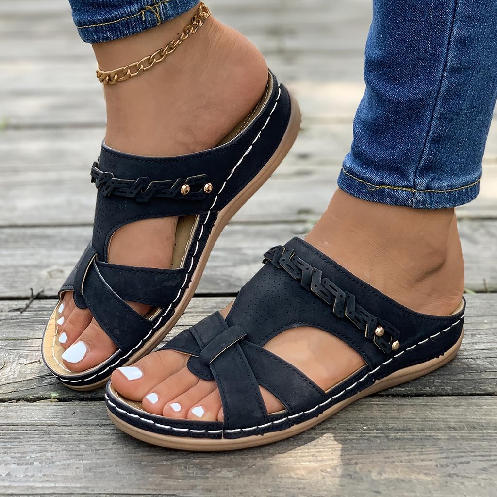 Women's Beach Slippers Slip-On Open-Toe Casual Sandals with Adjustable Straps, Breathabl Flat Heel Comfort Shoes