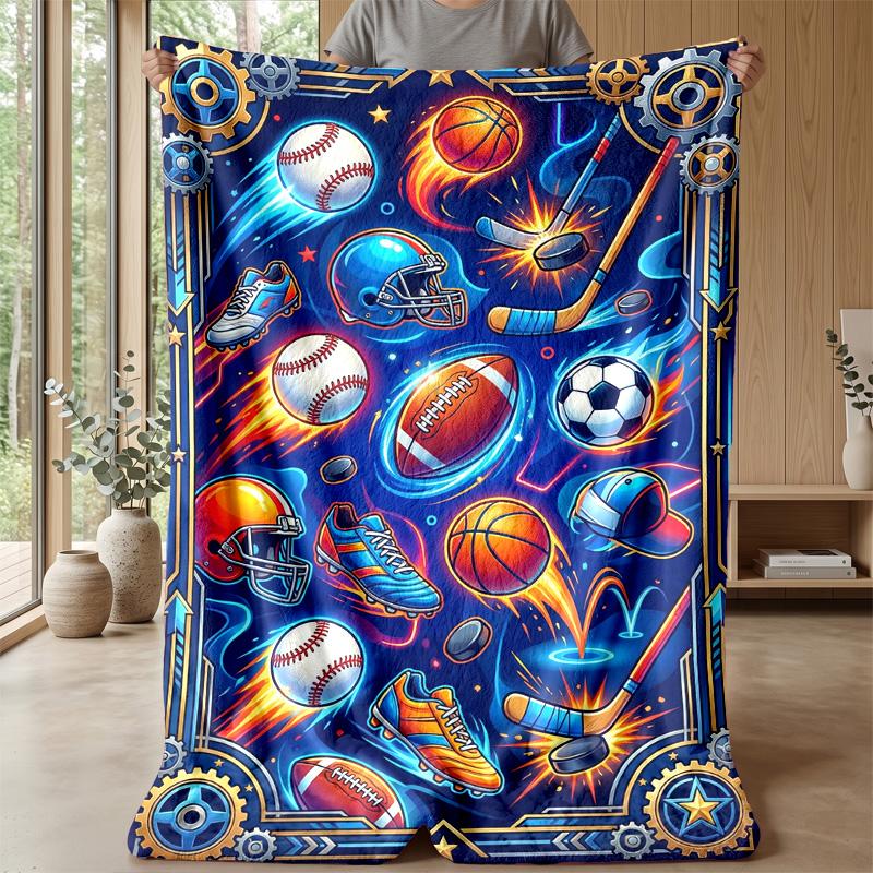 Sports Equipment Pattern Theme Blanket Lightweight Warm Flannel Blanket Decorative Throw Blanket for Home Decoration