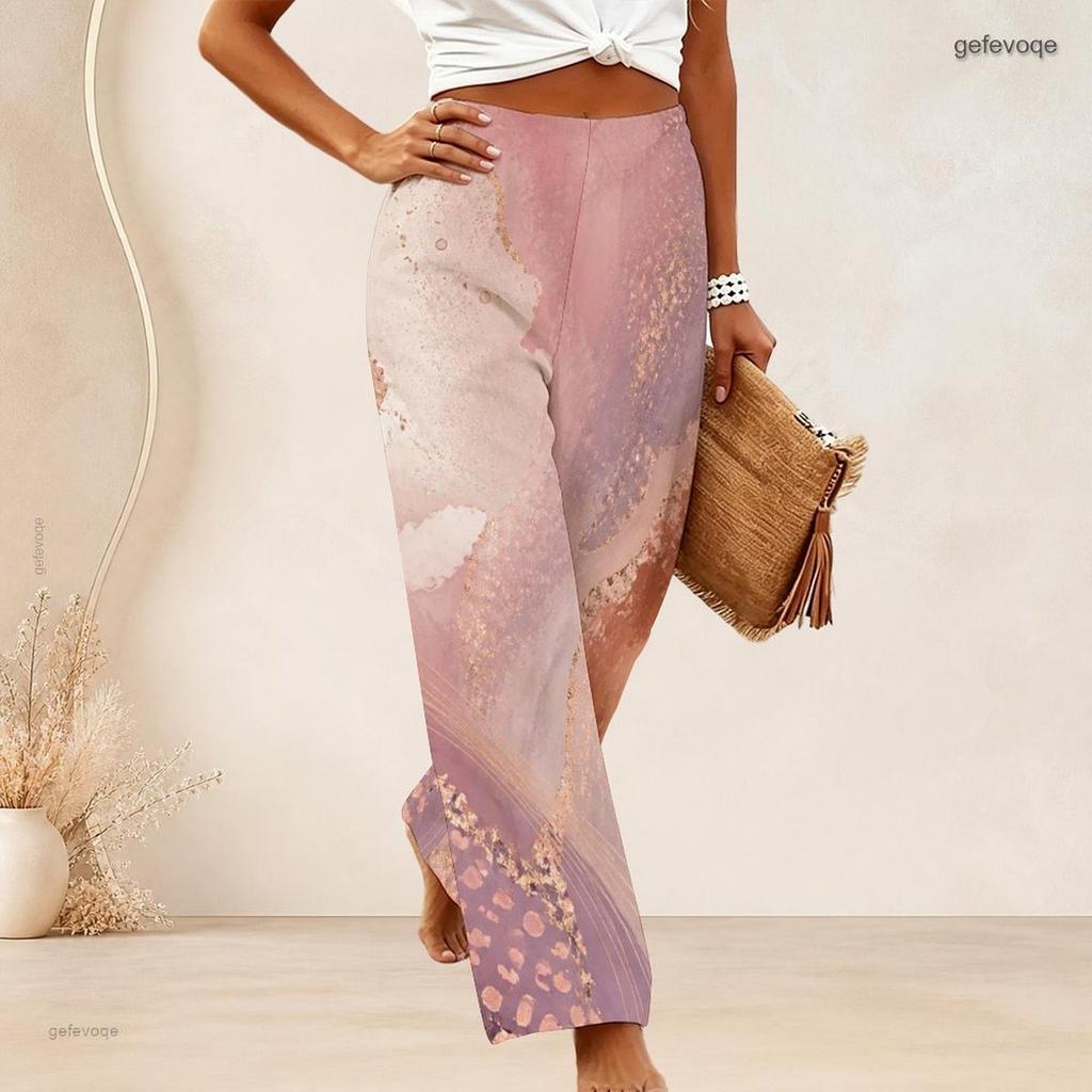Women Plus Size Pink Marble Gold Print Wide Leg Pants High Waist Loose Casual Long Trousers For Daily Summer Wear