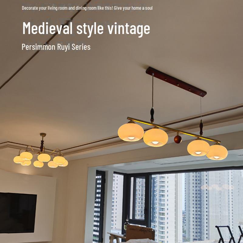 Retro Wabi-Sabi Persimmon Chandelier: Medieval Style Solid Wood Lamp for Living Room, Study, or Bedroom.