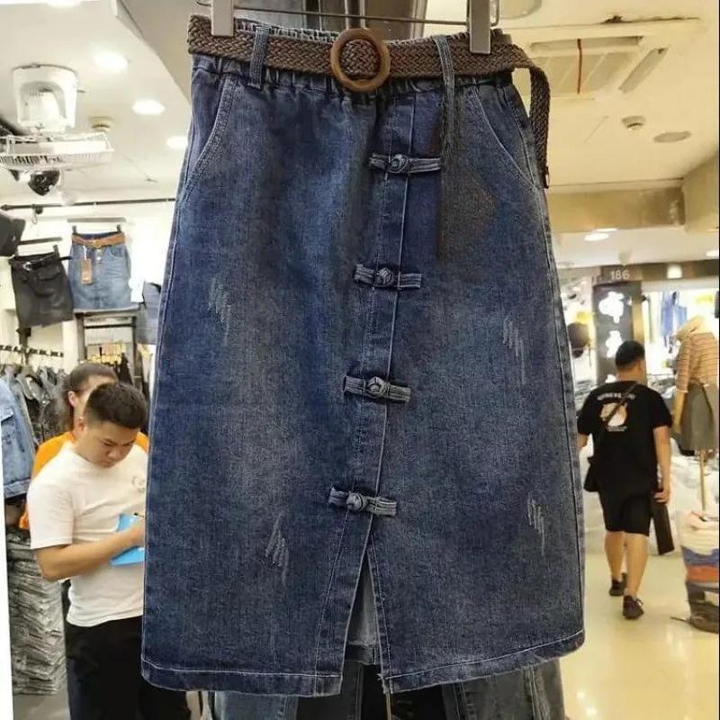 

С поясом Французская мода Большой размер Джинсовая юбка Женская летняя мода Темперамент Разрез Тонкая Эластичная талия Повседневная Джинсовая юбка А-силуэта S