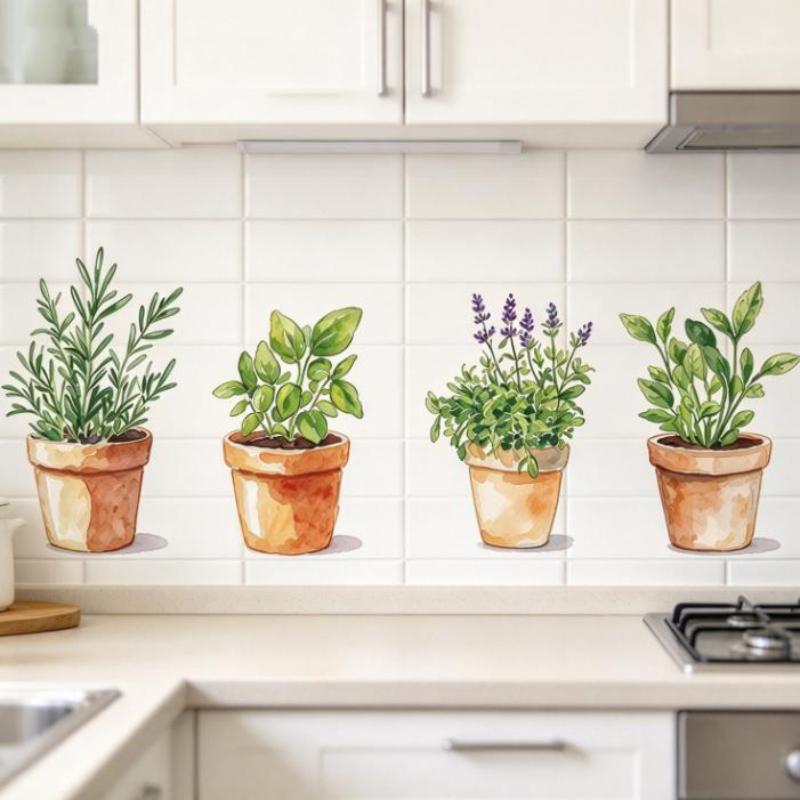 Removable Waterproof Herb Kitchen Wall Stickers Potted Basil Lavender Plant Decals for Housewarming Gift