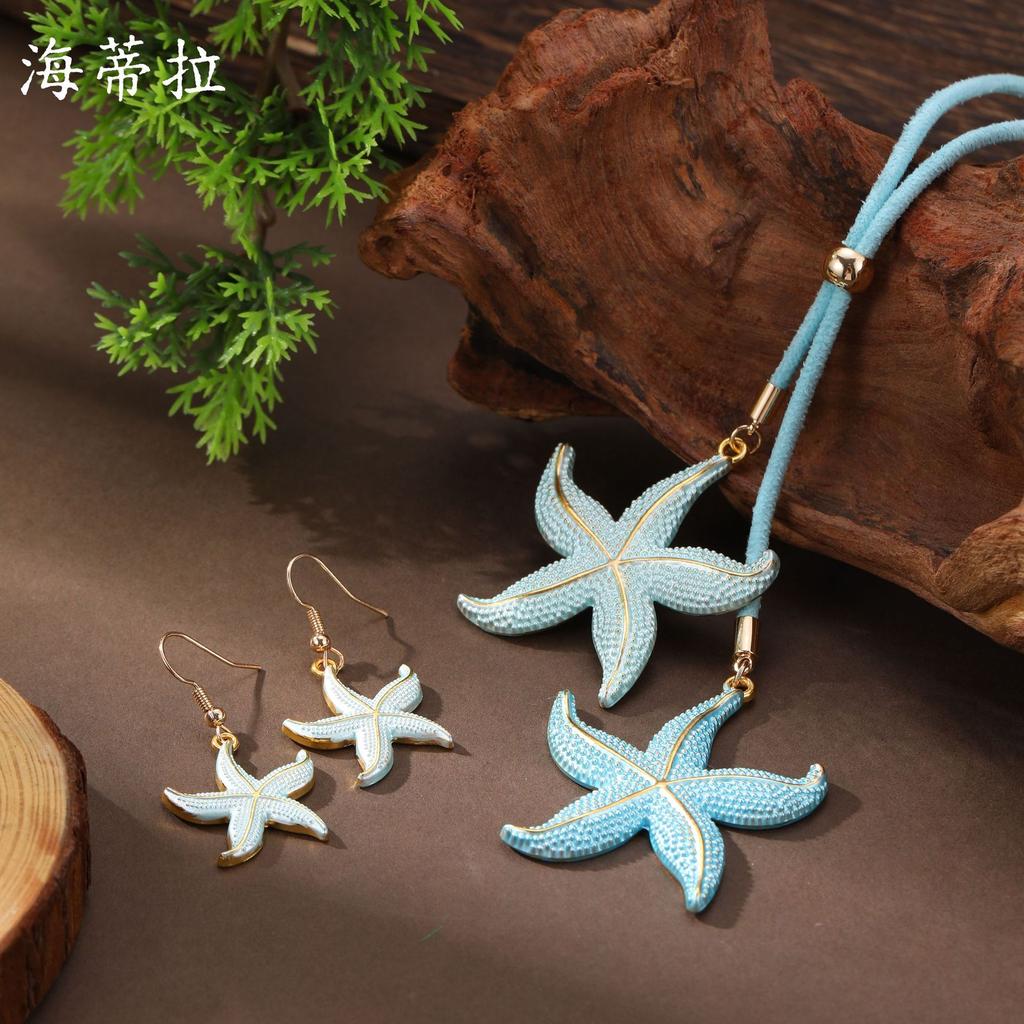 New enamel color starfish earrings rope long pendant women's fashion high sense beach shell long necklace