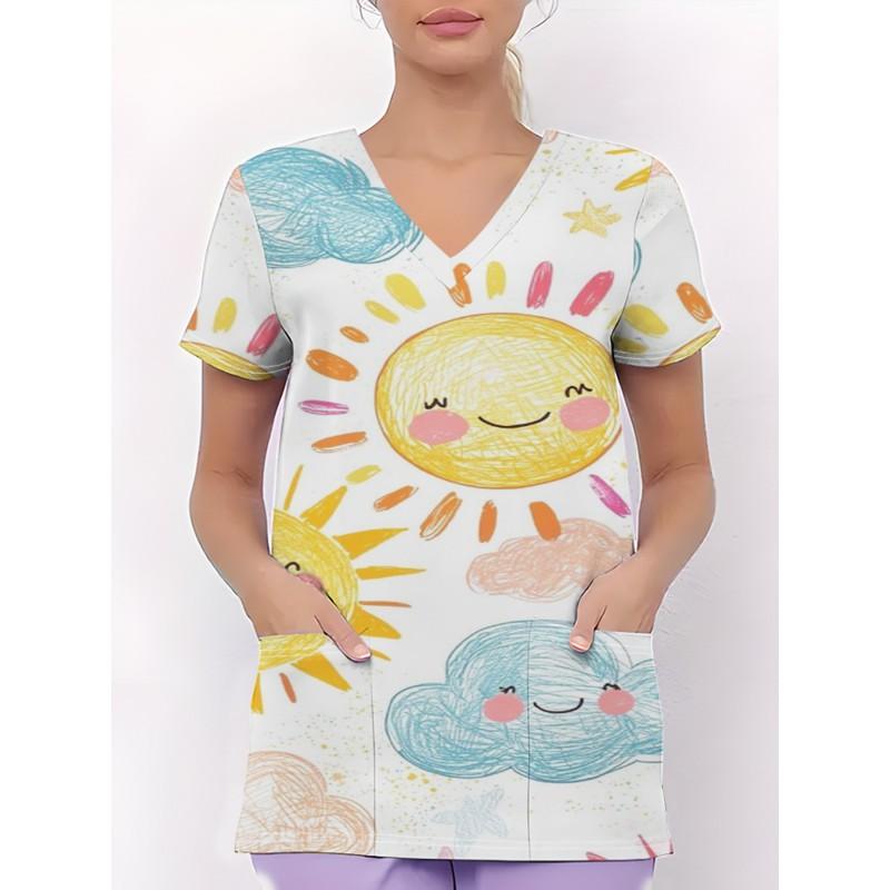 Womens V-Neck Short Sleeve Nursing Scrub Top With 3D Cartoon Print Comfortable Workwear Casual Medical Uniform
