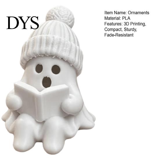 Unique Gift for Friends Cute Ghost Figurine, 3D Printed Reading Statue with Knit Beanie Creative Hat, Whimsical Halloween Christmas Desktop Ornament,