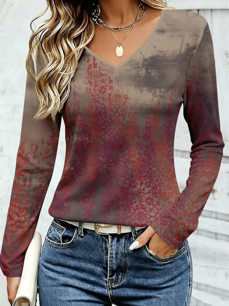 Fashion Women's V-Neck Long Sleeve 3D Casual Color Printing Casual Long Sleeve V-Neck T-Shirt