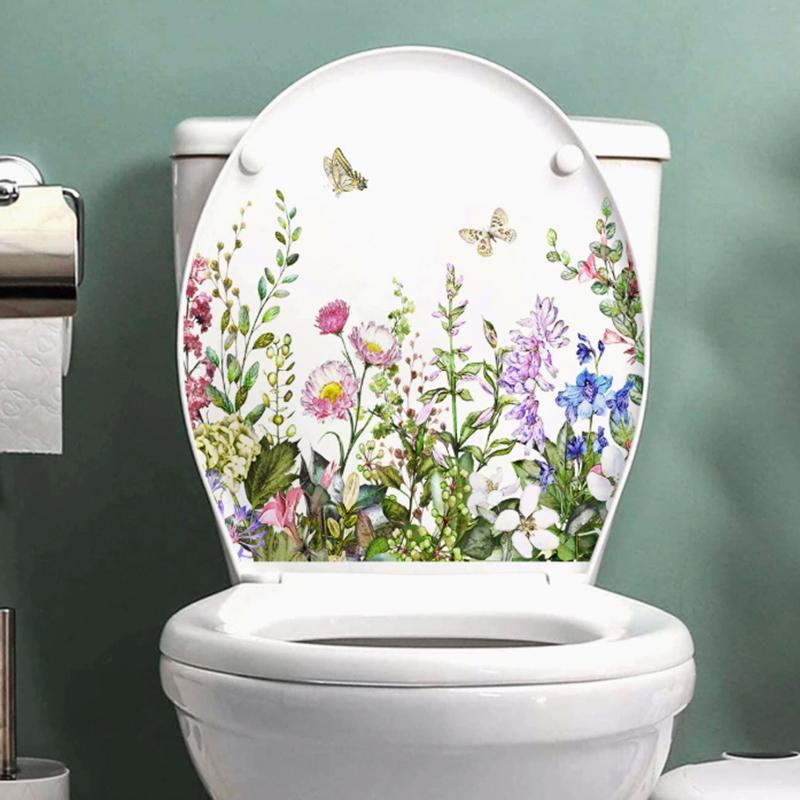1Pcs Flower Floral Toilet Stickers Green Plant Leaves Wall Stickers Decoration Waterproof Self-Adhesive Decals Bathroom Sticker