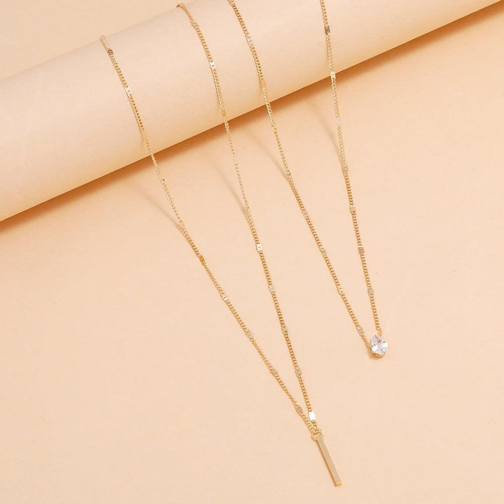 c096 Personality Fashion Double Layer Stacked Water Drop Shaped Small Diamond Long Tassel Pendant Necklace Two-Piece Set