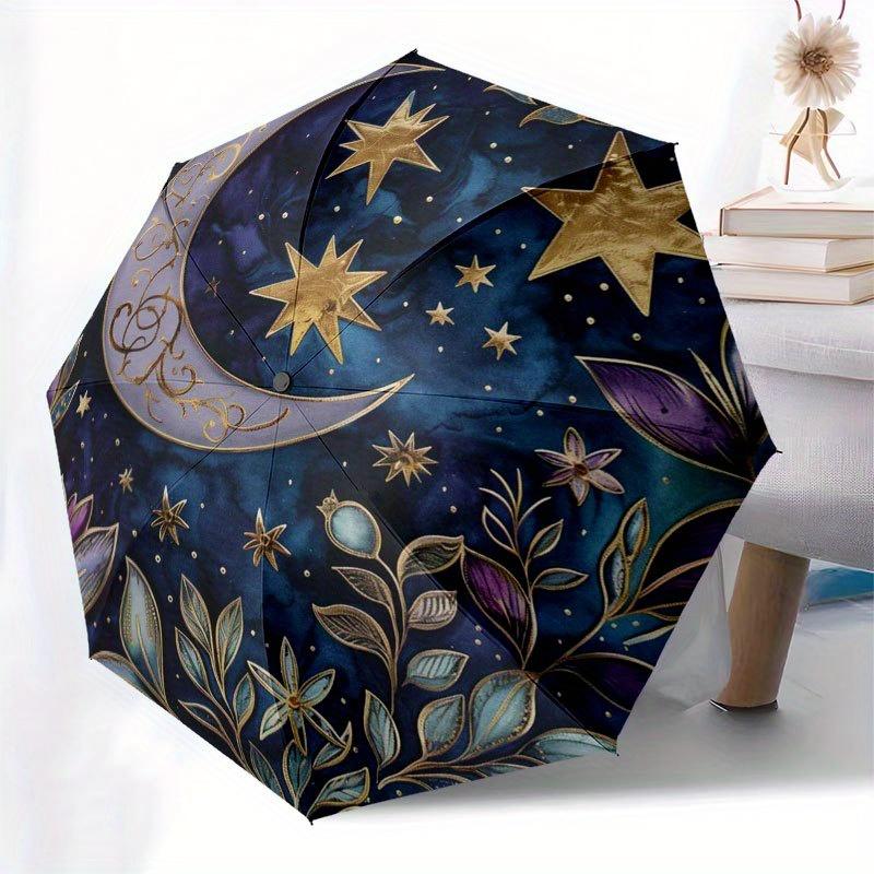Starry Night Moon and Stars Decorative PlateUmbrella with Cute Design, Portable 3-Fold Compact Umbrella for Men & Women, Valentine's Day Mother's Day