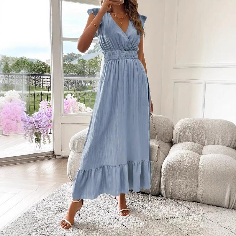 Fashion Summer Short Sleeved Elegant Casual Dress Solid Color Cross V Neck Simple Sleeveless Ruffled A-line Party Long Dresses Loose Women's Clothing