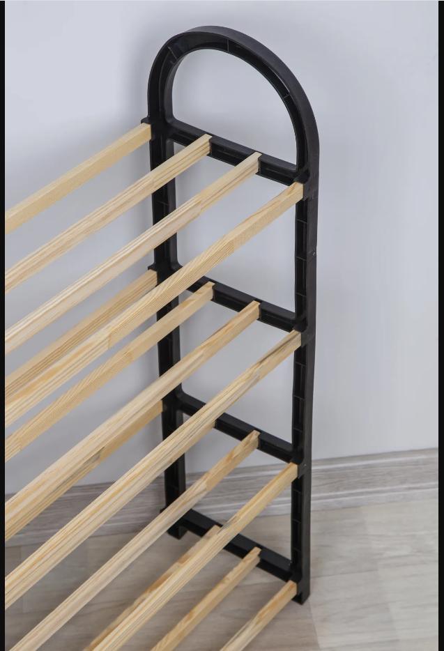 4-Compartment Black Shoe Rack Solid Wooden Shoe Rack Shelf Unit with Wooden Rods
