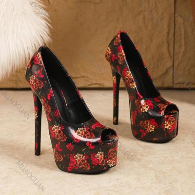 Frühling Sommer Neu Totenkopf Floral Plateau Pumps Peep Toe 16cm Stiletto Hoher Absatz Lackleder Sandalen Party Club Tanzschuhe
