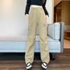 Women's Black Fleece-Lined High Waist Cargo Pants - Autumn/Winter, Slim-Fit, Straight-Wide Leg