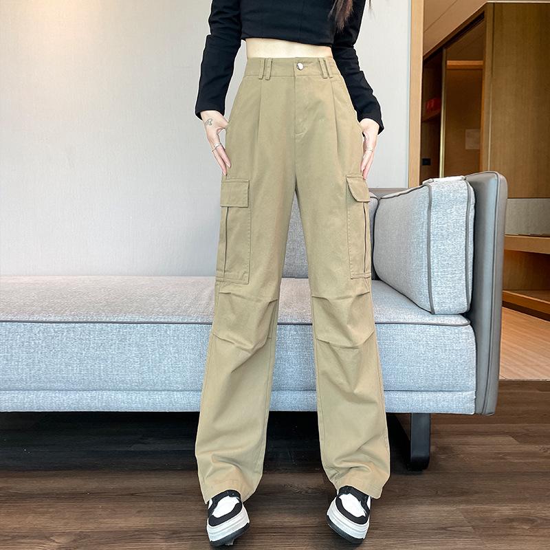 Women's Black Fleece-Lined High Waist Cargo Pants - Autumn/Winter, Slim-Fit, Straight-Wide Leg