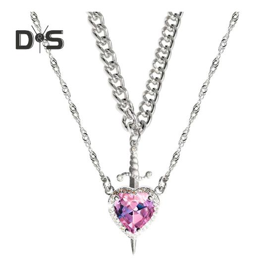 Couple Necklace Cubic Zirconia Heart Matching Necklace Romantic Through The Heart Couple Jewelry for Him Her Valentine's Day Gift