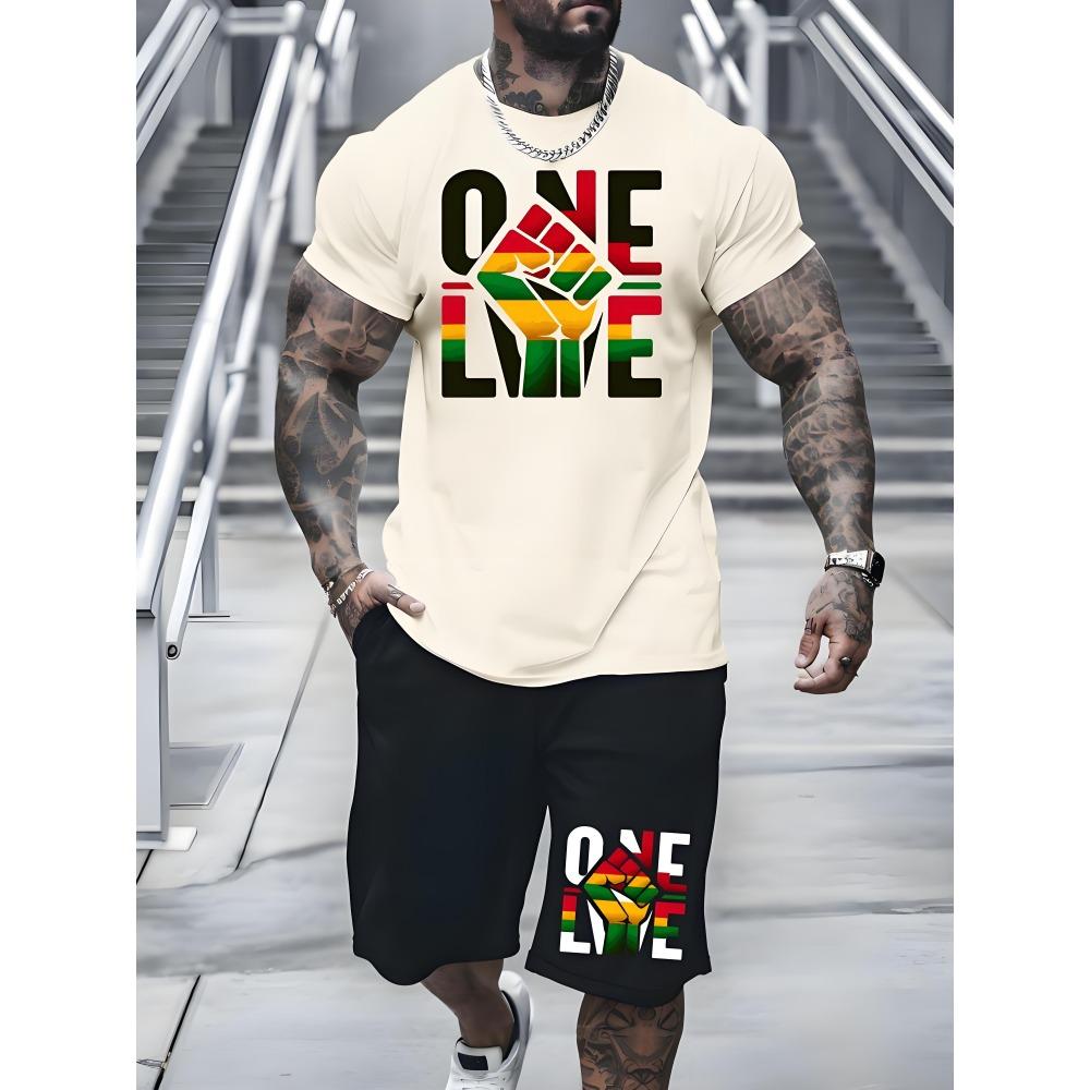 Fashion Colorful Love Graphic T-shirt Shorts Set Summer Sports Short Sleeve Shorts 2-piece Set Men's Quick Dry Sportswear Suit
