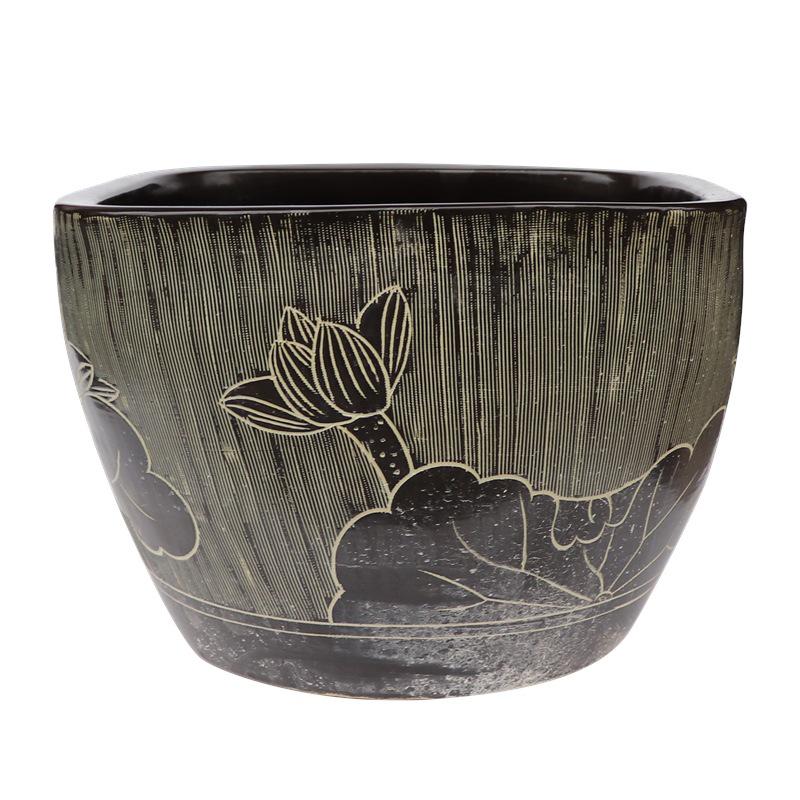 Ceramic Fish Tank for Courtyard or Balcony - Large Lotus Water Feature with Ancient Rockery Design