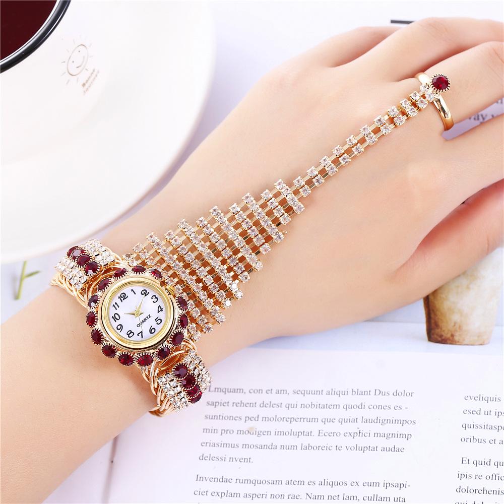 Fashionable Rhinestone-Embedded Ladies Watch Gold Tone Tassel Pendant Bracelet Wristwatch