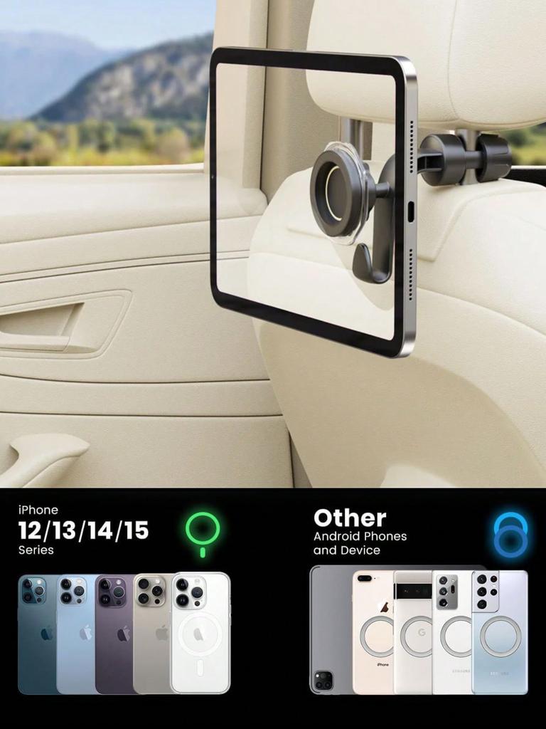 Car Backseat Magnetic Phone Mount – 360° Rotatable Holder with Hook, Ideal for Navigation & Video Viewing
