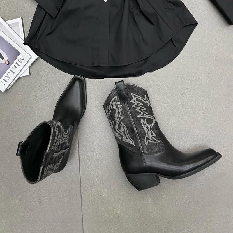 

Модные ботинки-казаки IPPEUM для женщин 2025 Новая мода Зимние ботильоны Черные туфли на каблуке Западные ковбойские сапоги 250 чёрный