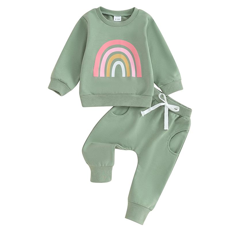 2PCS Baby Girls Fall Outfits Long Sleeve Rainbow Print Sweatshirt + Pants Set Toddler Clothes