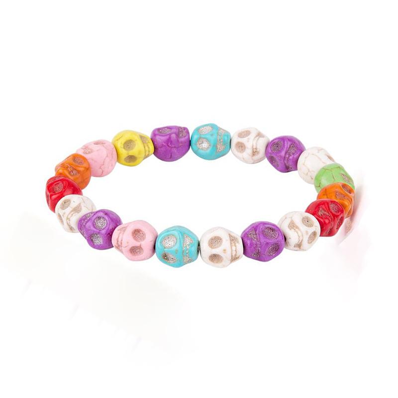 Colored Rice Bead Bracelet, Greenstone Skull Head Bracelet, Halloween Bracelet