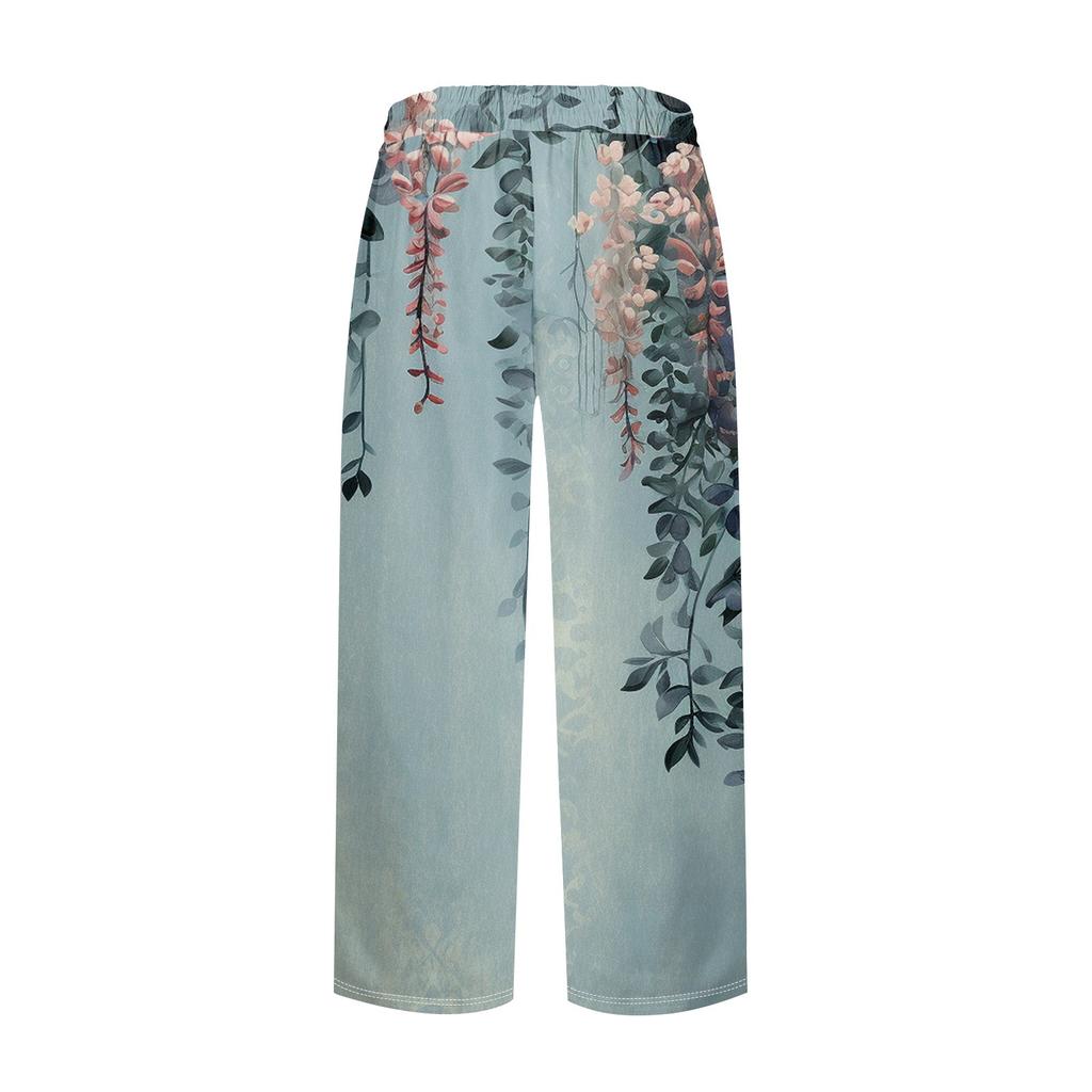 Pants For Women Casual Summer Printed Cotton And Linen Loose Pants Pocket Mid Leg Pants