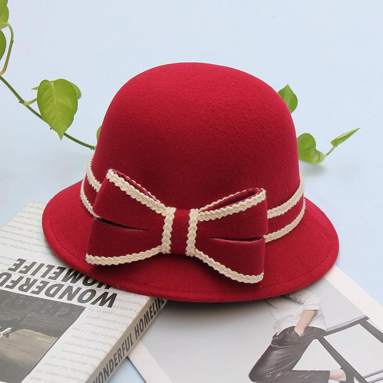 Retro Bow Woolen Hat Women's Autumn and Winter Warm Fashion Top Hat British Bucket Hat