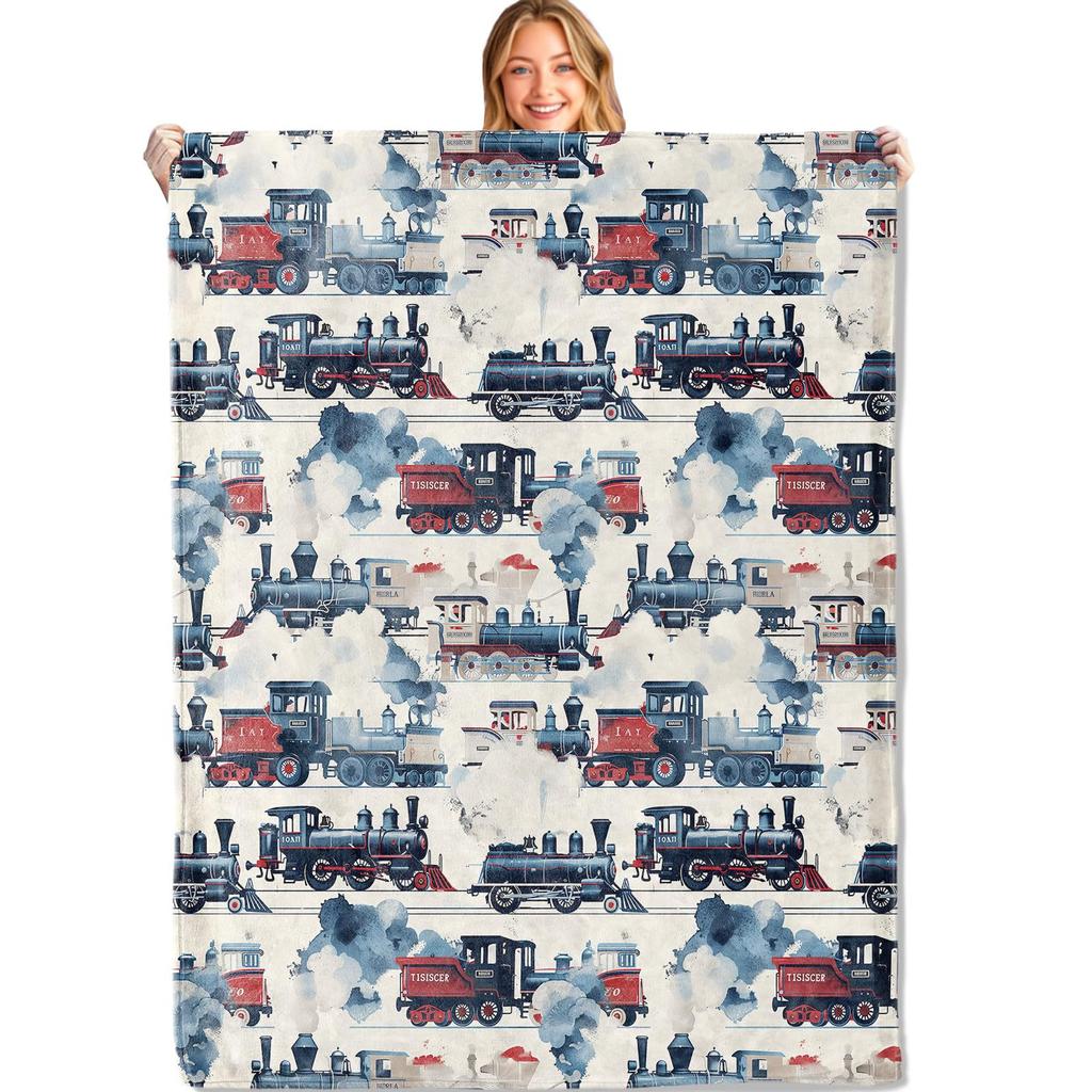 Retro train pattern digital-printed polyester Bedroom velvet flannel cover blanket Fleece soft sofa cover blankets for beds