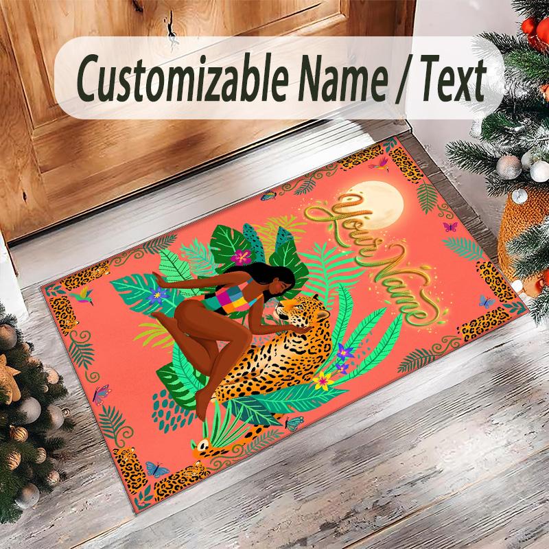 Leopard Theme Crystal Velvet Floor Rug Personalized Custom Name Text Warm Carpet Home Decoration