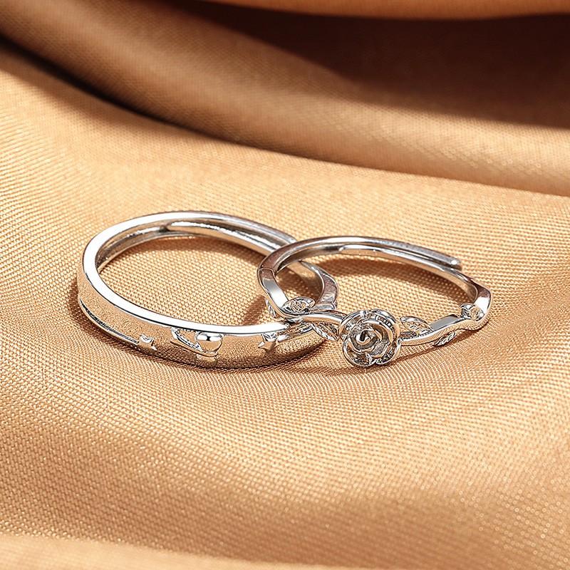 Sterling Rose Flower Couple Ring Set Adjustable Opening Minimalist Fashion Jewelry Men Women