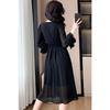 [Chubikime] One Piece Spring Summer Ladies Chiffon Medium Length Dress Long Sleeve V-neck Adult Dress A-line Simple Plain Color Elegant Dress Slimmer