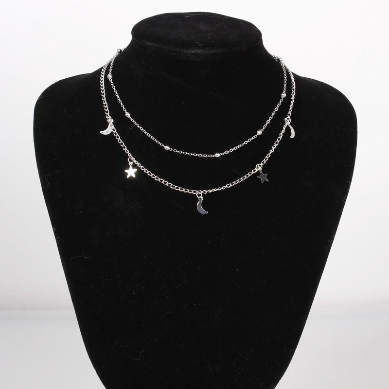 C084 Jewelry Double Layer Moon Star Short Necklace Round Bead Collarbone Chain Choker серебряный