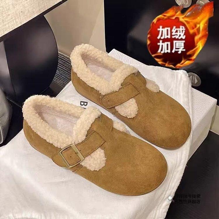 Vintage Birkenair velvet cotton shoes warm in autumn and winter fluffy shoes matte belt buckle flats comfortable snow shoes