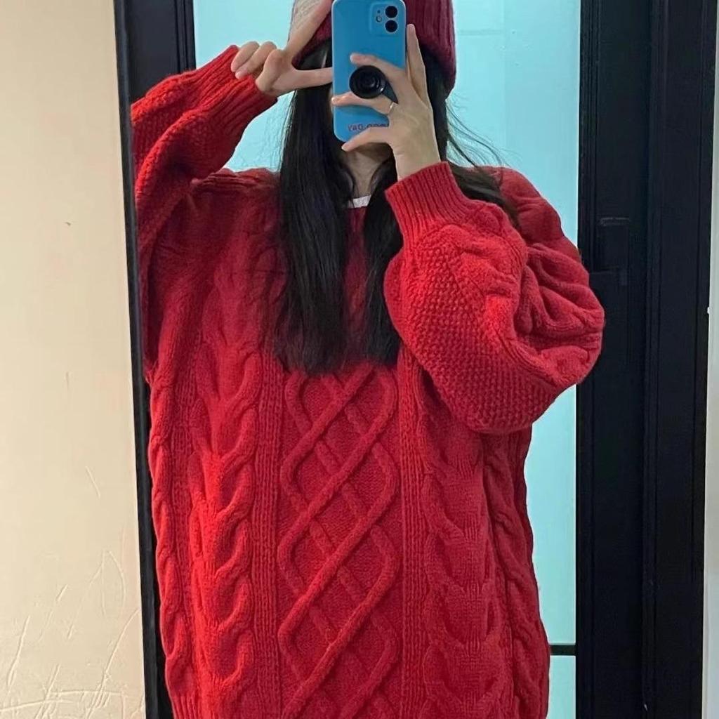 2024 Women's Red Loose Knit Sweater - Soft Cable Knit Pullover for Autumn/Winter