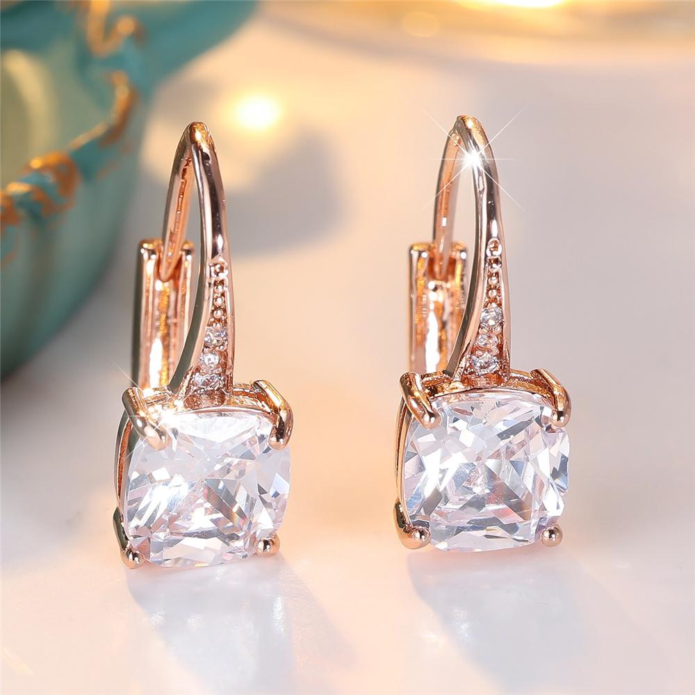 Cute Female White Crystal Zircon Stone Hoop Earrings For Women Rose Gold Color Wedding