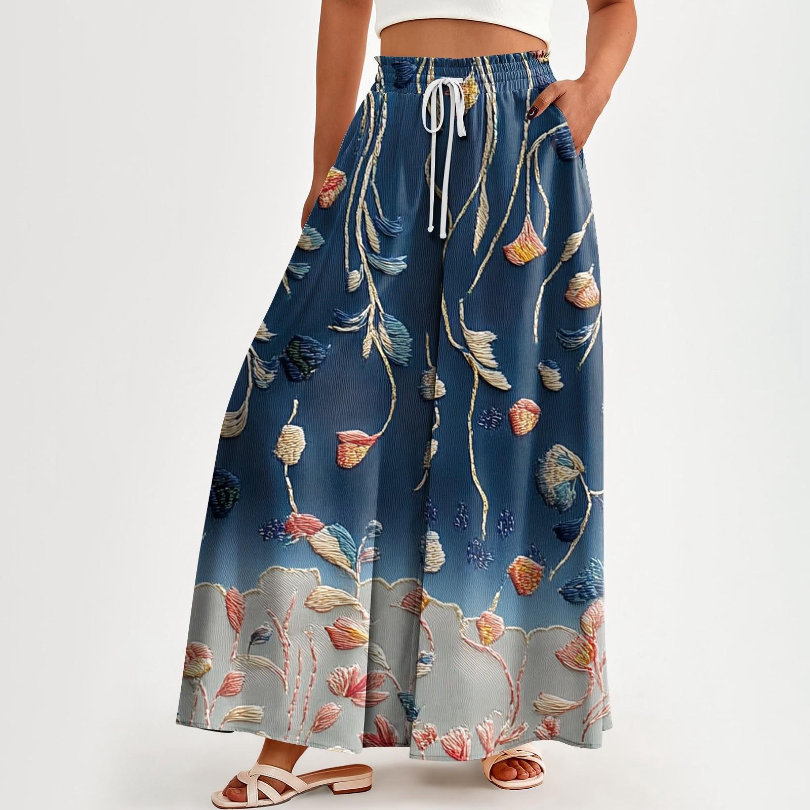 

Женские брюки с высокой талией и карманами, повседневные брюки с цветочным принтом XXL синий