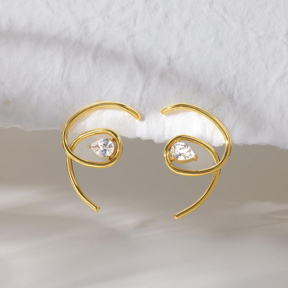 European and American Inlaid Water Drop Zircon Stud Earrings, Special-shaped Geometric Curves, Lines Do Not Fade, Earrings Are Light Luxury