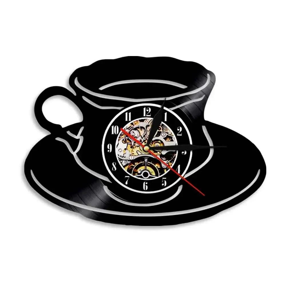 Coffee Cup Cut Out Longplay Wall Clock Kitchen Decor Cafe House Coffee Sign Black Noiseless Hanging Wall Clock Gifts for Barista