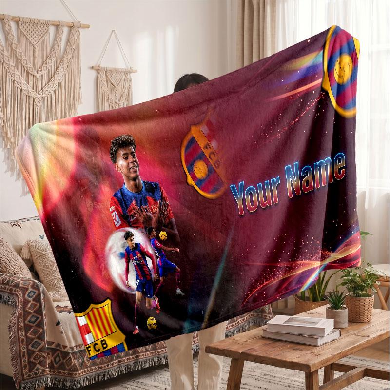 Couverture polaire personnalisée Lamine Yamal avec logo de football, texte de nom personnalisé, couverture d'appoint douce et chaude pour la maison
