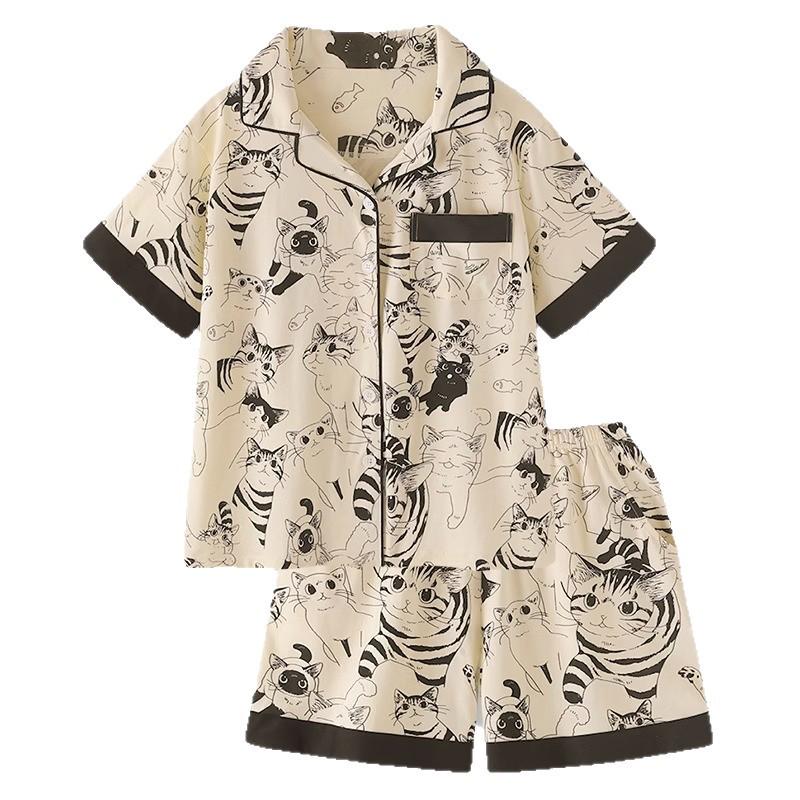 Women's Cartoon Cat Pajama Set - Summer Cardigan, Short Sleeve, Shorts, Loose Plus Size Loungewear